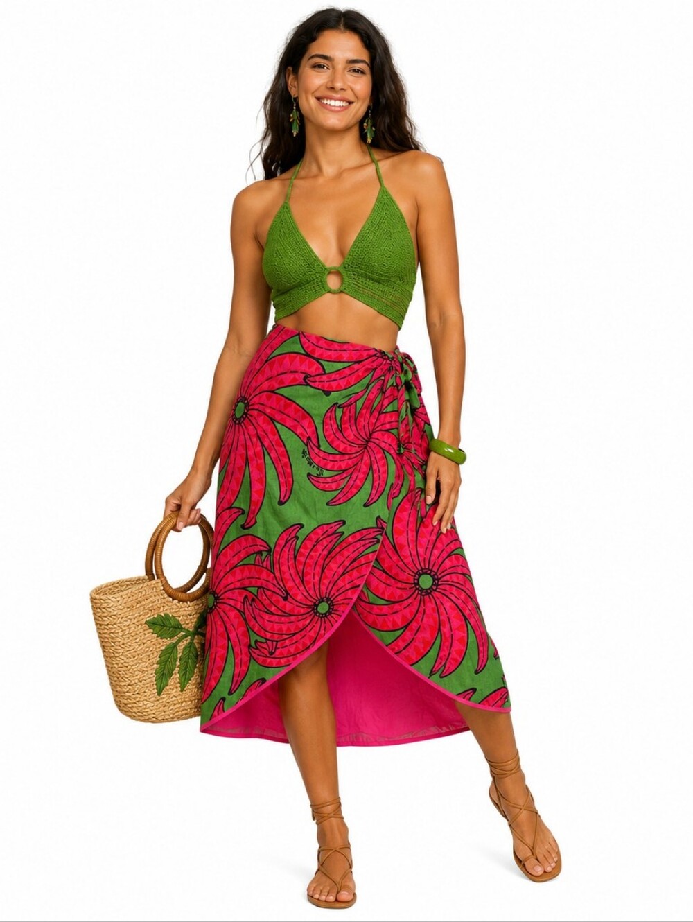 FARM Rio Banana Pitta Faux Wrap Linen Midi Skirt